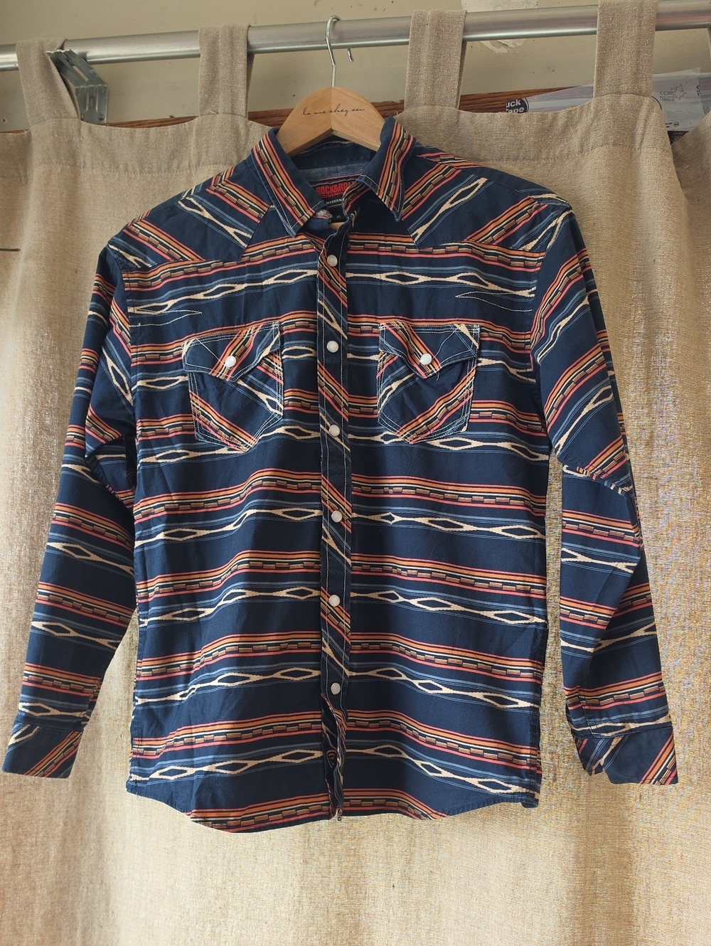 Rock&Roll Navy Aztec-Stripe Button(Snaps)Shirt KIDS/ Youth XL